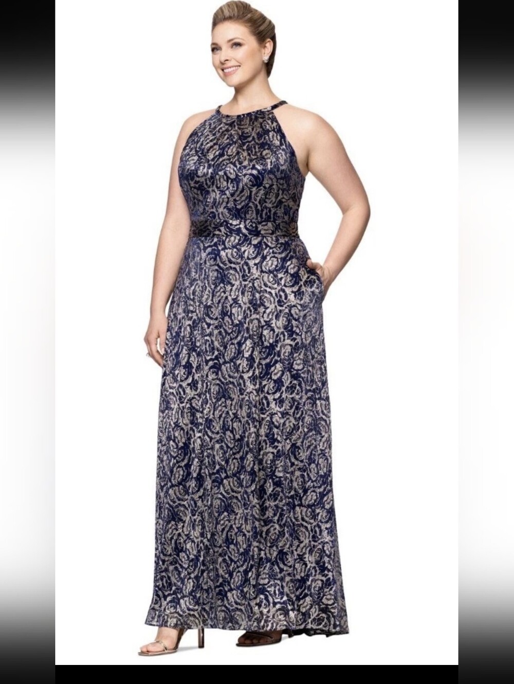 Betsy & Adam Size 18W Navy Gold Metallic Rose Jacquard Formal Maxi Dress $299